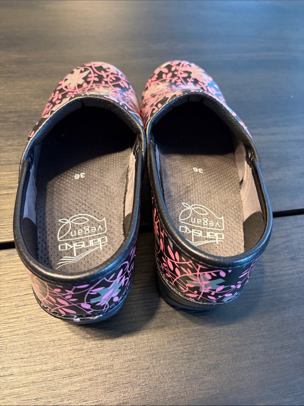 Dansko Vegan Clogs in Black with Pink Floral Pattern - Picture 4 of 7